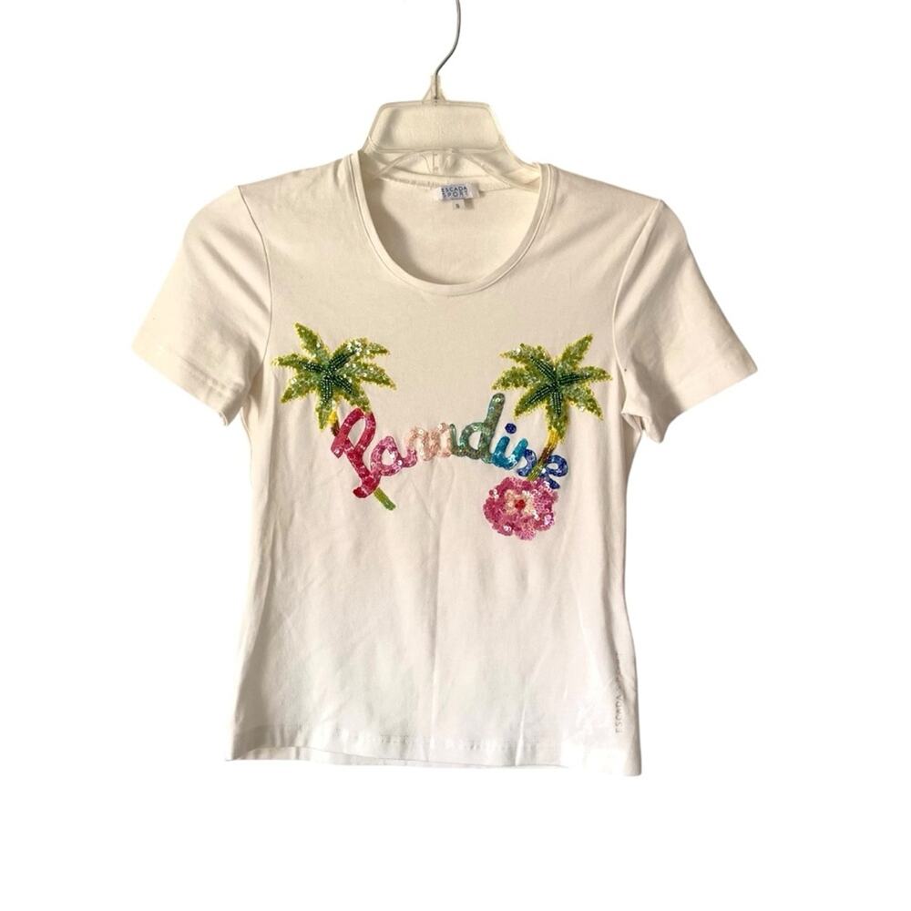 Escada Sport White Stretch Paradise Sequin Letter Palm Tree T-Shirt size small